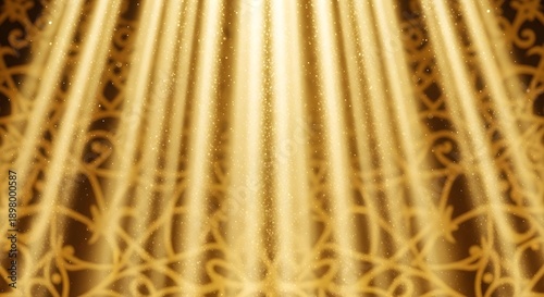 Golden light rays shining through ornate patterned curtain