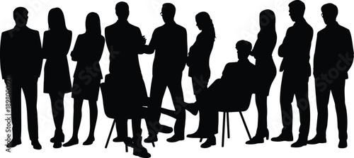 Business people silhouettes standing and sitting together, corporate teamwork meeting concept, anonymous professionals group discussion, office scene, flat vector illustration