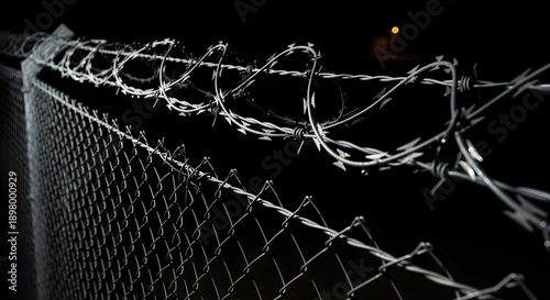 Close-up of barbed wire on a chain link fence at night, security or prison concept, for website or presentation background