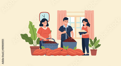 People processing cacao beans indoors with plants