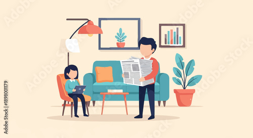 People relaxing indoors, one reading a newspaper, another using a tablet