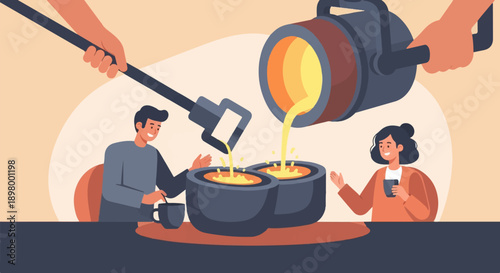 People pouring molten metal into containers for industrial process