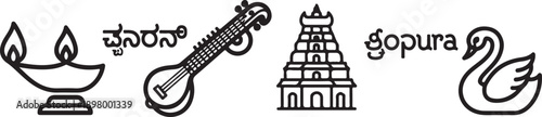 A collection of traditional indian symbols including a lamp, musical instrument, temple, and swastika isolated on white background, illustration