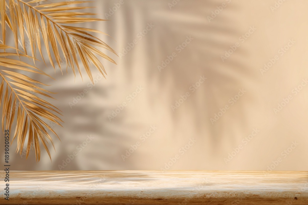 Fototapeta premium A serene backdrop featuring golden palm leaves against a soft beige background, evoking a tropical and tranquil atmosphere.