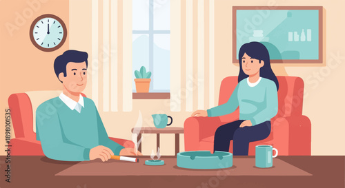 People relaxing indoors with a cigarette, drinks and a clock on the wall