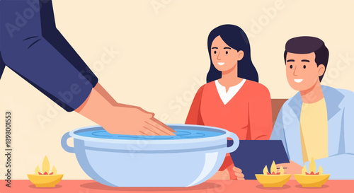 People participating in a ritualistic hand washing ceremony with oil lamps