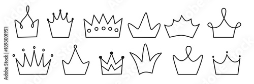 Line art crown illustrations in doodle style. Cute crowns set for children graphic, party decor, packaging, social media highlight, logo, sticker, greeting card, scrapbooking