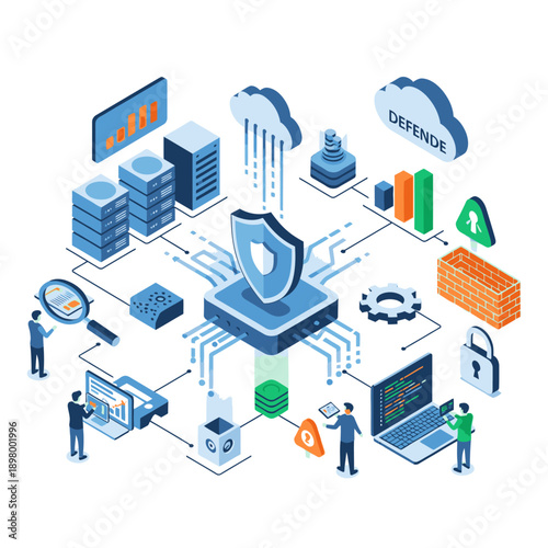 Cybersecurity concept with shield and network connections.