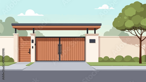 Modern wooden gates with a stone wall and lush greenery