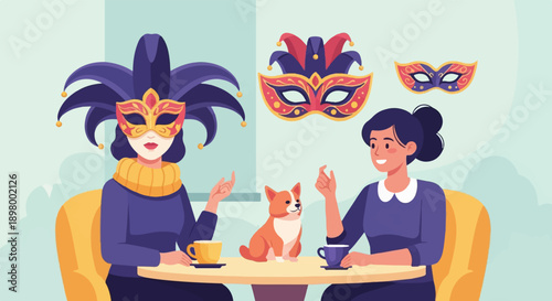 People at a table with dog and masks