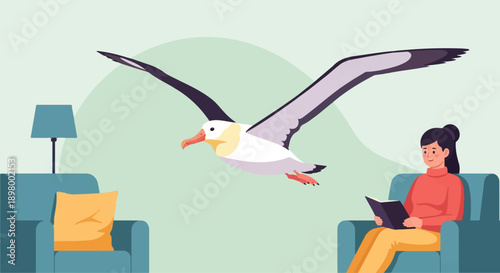 Woman reading book in armchair as a large bird flies indoors