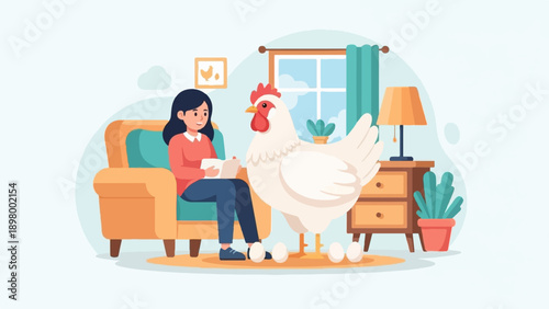Woman reading book on sofa with a chicken and eggs nearby in living room