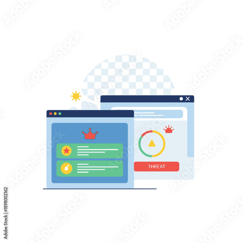 Web page interface design concept with loading screen and browser windows.