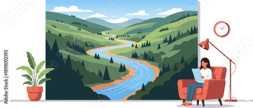 Woman reading by a window overlooking a scenic river valley and mountains