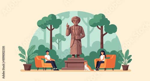 People and a dog relax in armchairs near a statue in a park