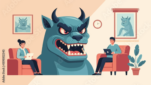 Monster terrorizes therapy session with scary face and sharp teeth