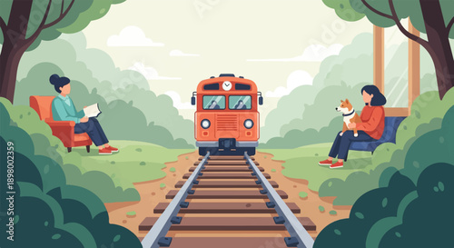 People relax by train tracks in a tranquil natural setting