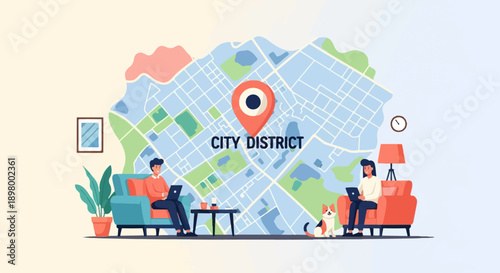 People and a dog relax in a home setting with a city map in background