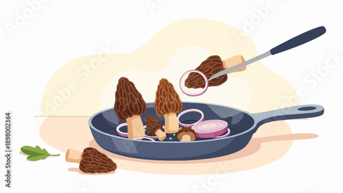 Morel mushrooms and red onion slices being prepared in a cast iron pan