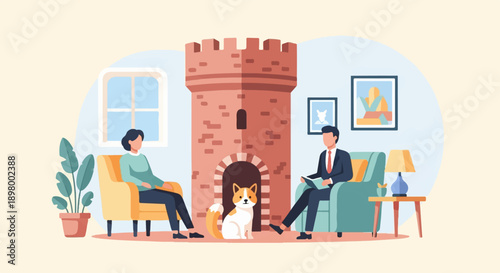People, a cat, and a castle-like fireplace in a cozy room