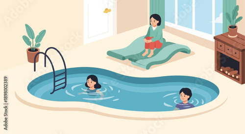 People relax by indoor pool, one woman seated on cushioned mat