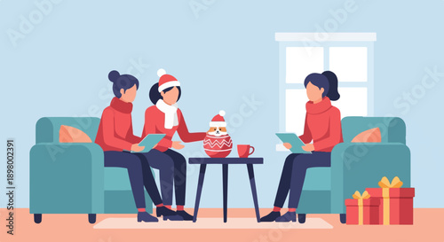 People in red sweaters and Santa hats sit on couches, looking at tablets, with dog