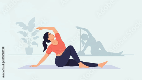 Woman in workout attire stretching on mat with potted plant and shadow