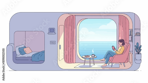 Woman relaxes reading a book in a room with ocean view