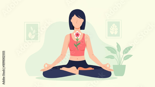 Woman meditating with a flower at her throat chakra, calm indoor setting