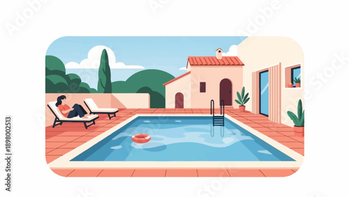 Woman relaxing by swimming pool at villa under blue sky with clouds