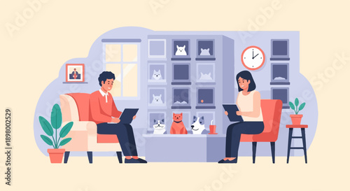 People on laptops in a room with cats and a clock on the wall