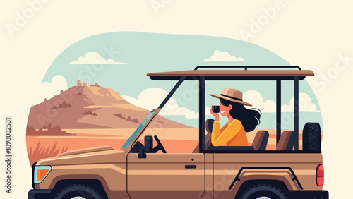 Woman on a safari taking photos from an open-top vehicle