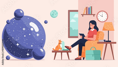 Woman relaxes with tablet and dog while celestial orbs float nearby