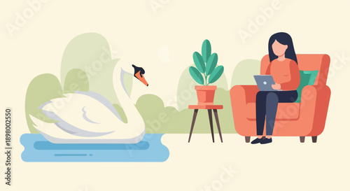 Woman on armchair with laptop near a swan and potted plant