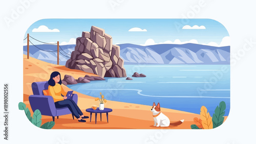 Woman relaxing by the sea with her dog and a book