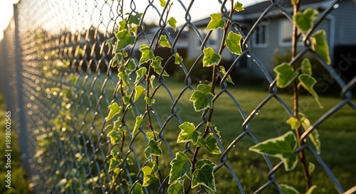 Chain link fence with climbing ivy and suburban house in background, for website or presentation background