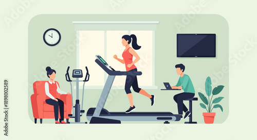 People engaged in different home activities exercise, relaxation, and work