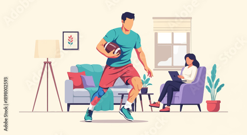 People engaged in different activities at home one playing with a ball, another on a laptop