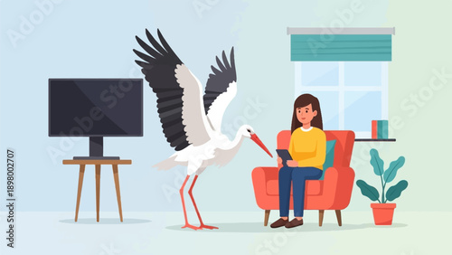 Woman on couch with stork and tablet, screen, plant
