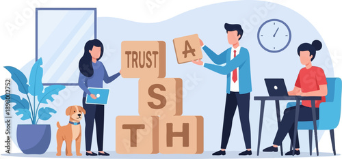 People building trust with blocks in a collaborative office environment