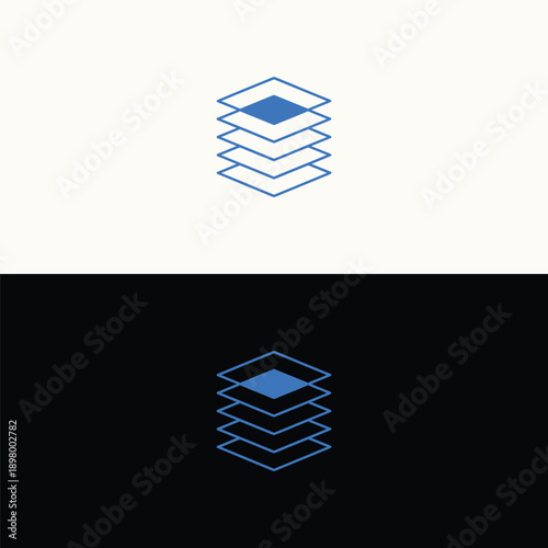 A clear blue outline icon showcasing five neatly stacked rhombus shapes, with the uppermost filled, representing a hierarchical structure or prioritized data layer.