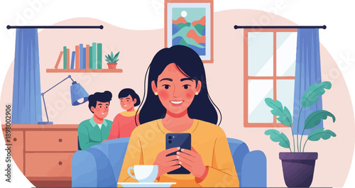 Woman on sofa with phone, family in background, home interior scene