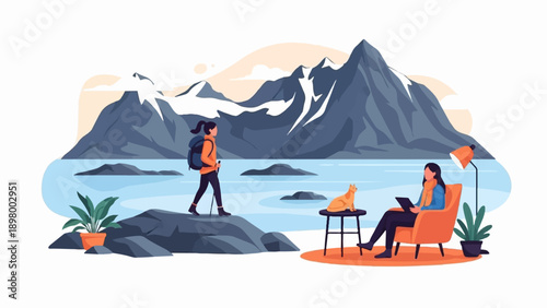 Woman hikes near mountains while another relaxes with cat and tablet