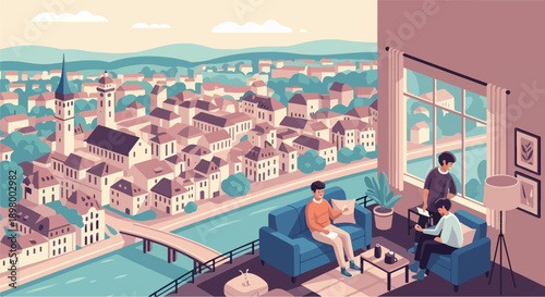 People relaxing indoors with a view of a picturesque town and river