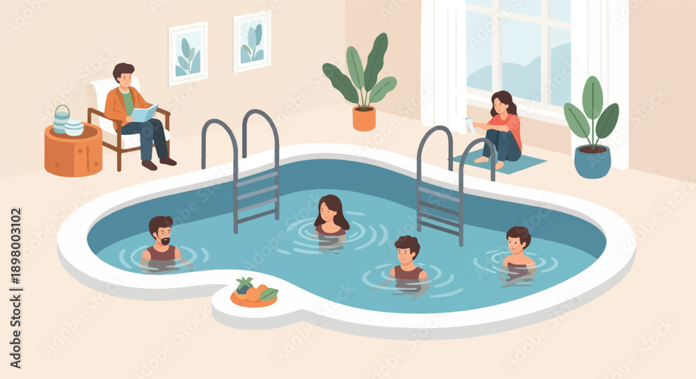 Obraz premium People enjoy a refreshing swim in an indoor pool, some relaxing poolside