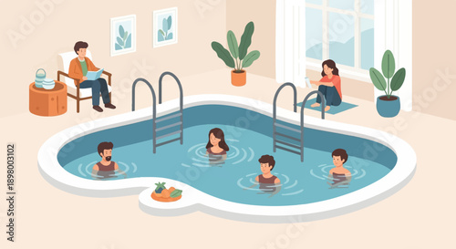 People enjoy a refreshing swim in an indoor pool, some relaxing poolside