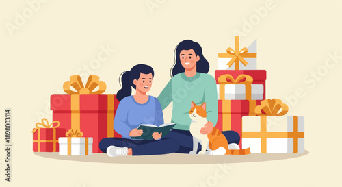 Mother and child reading book surrounded by gifts with a cat