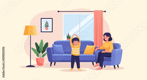 Mother and child in a cozy living room, boy stretches happily