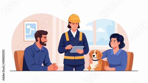 People and dog in a meeting with a construction worker