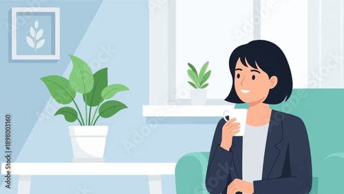 Woman in a suit enjoys a warm beverage in a tranquil, plant-filled interior